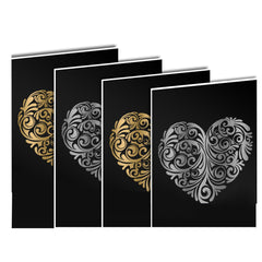 Four black greeting cards are displayed in a row, each featuring a large, intricately designed heart in the center. Two cards display a gold heart and the other two showcase silver hearts, all crafted from CrealityFalcon's A4 Gold Silver Scratch Paper for Falcon Laser Engraving - Pack of 40pcs using laser engraving machines to achieve ornate swirls and floral patterns.