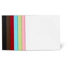 A stack of seven sheets of colored paper is fan spread horizontally from left to right. The colors from left to right are black, brown, red, turquoise, green, pink, and white. Ideal for DIY enthusiasts using laser cutting CNC techniques, the *Brown Unfinished Wood 12"*12"*1/8" 6pcs for Falcon Laser Engraving CNC Cutting DIY Projects* by *CrealityFalcon* is the largest and most prominent in the foreground.