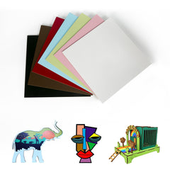 A display of multi-colored acrylic sheets in black, brown, light blue, light green, pink, light yellow, and white. Below the sheets are three colorful acrylic designs: an elephant, an abstract face, and a decorative carousel cart—all perfect projects for CrealityFalcon Brown Unfinished Wood 12"*12"*1/8" 6pcs for Falcon Laser Engraving CNC Cutting DIY Projects enthusiasts.