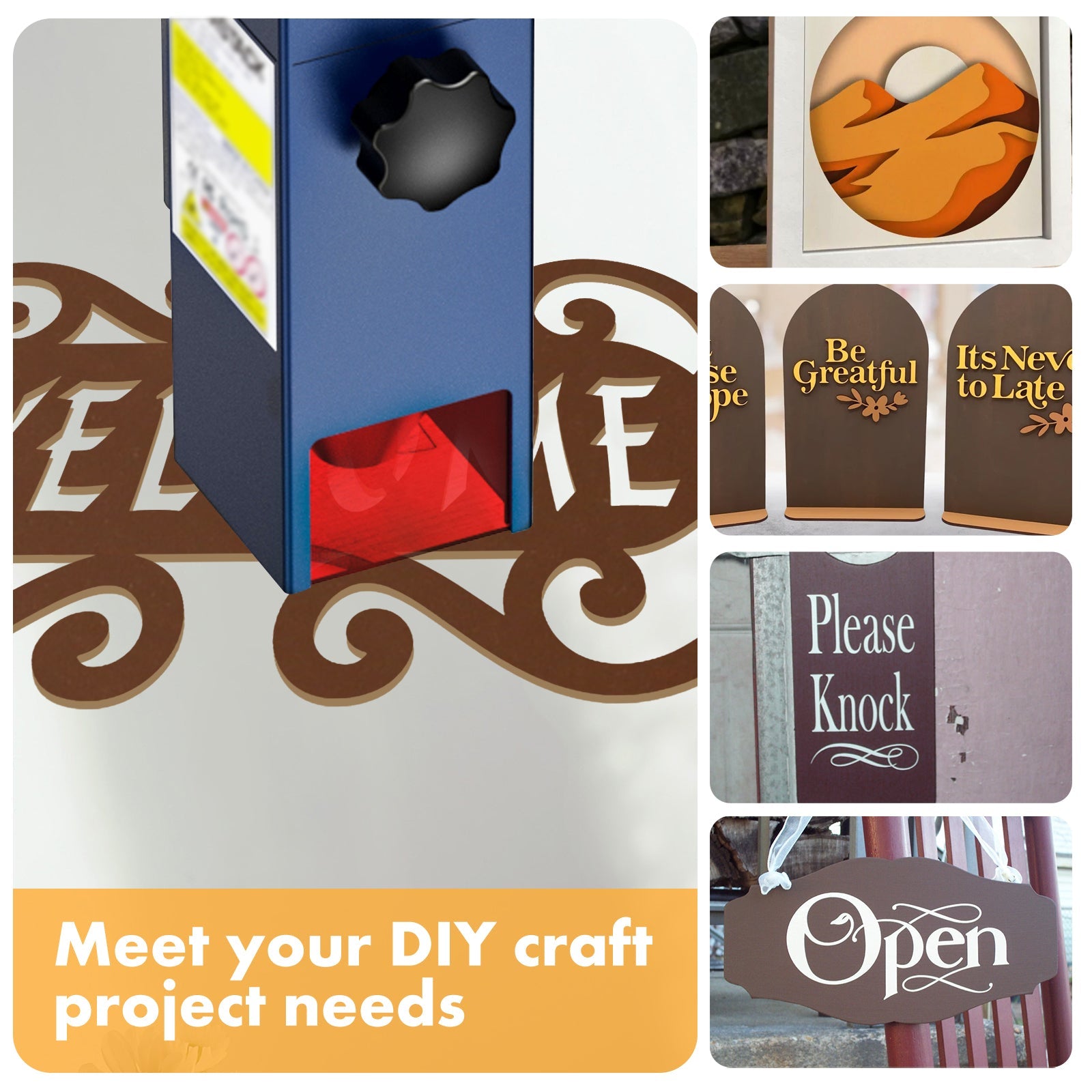 A collage-style image showing various DIY craft projects such as a painted "Open" sign, a "Please Knock" sign, and a decorative "Welcome" piece crafted from Brown Unfinished Wood 12"*12"*1/8" 6pcs for Falcon Laser Engraving CNC Cutting DIY Projects. A tool is shown in use. Text at the bottom reads, "Meet your DIY craft project needs," with an orange background.