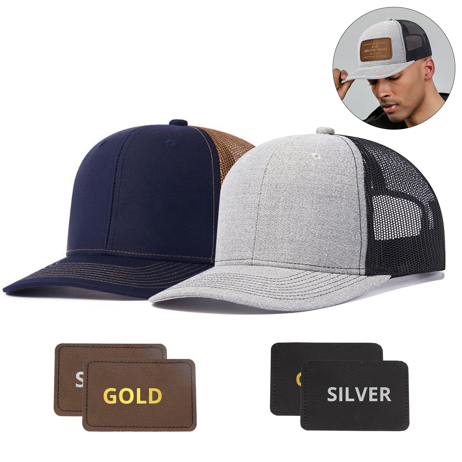 Two trucker hats are displayed side-by-side. One cap is navy blue with a brown mesh back, and the other is light gray with a black mesh back. Below the hats are four rectangular patches in gold and silver. Inset image shows a person wearing one of these caps, making the CrealityFalcon 2 pcs Adjustable Mesh Trucker Hat with 4pcs Cap Stickers for Engraving a perfect gift for men.