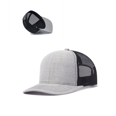 A gray CrealityFalcon 2 pcs Adjustable Mesh Trucker Hat with 4pcs Cap Stickers for Engraving with a curved bill and black mesh back panels. The hat features a solid gray front and top with a slightly open back design for ventilation. A perfect gift for men, this stylish cap is complemented by an insert image showing it from a top-back angle.