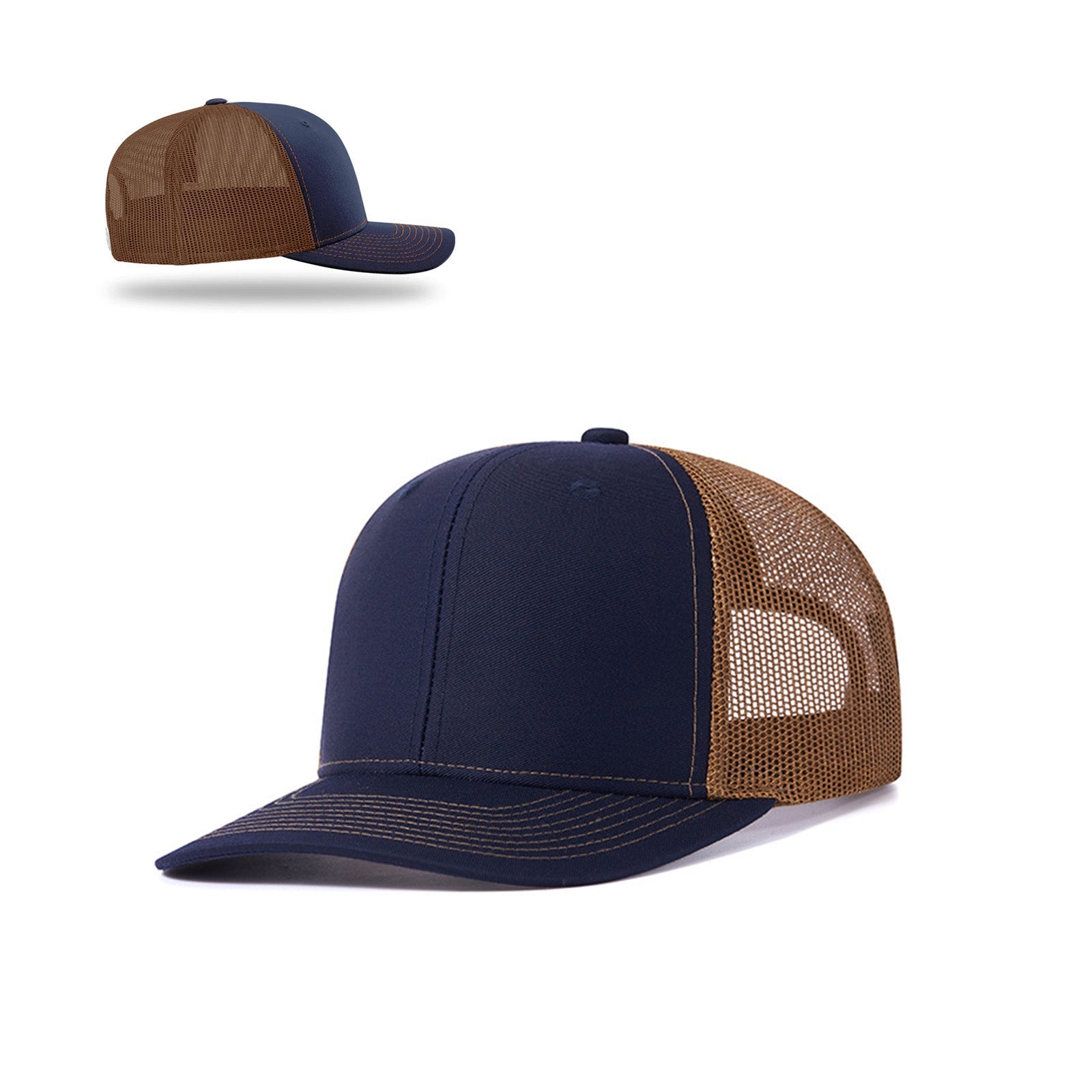 A dark blue and brown mesh trucker hat is shown from two angles on a white background. The front panel and bill of the hat are dark blue, while the back mesh and snap closure are brown. This trucker hat, a perfect gift for men, features engraved leather cap stickers. The CrealityFalcon 2 pcs Adjustable Mesh Trucker Hat with 4pcs Cap Stickers for Engraving in the background is displayed at a smaller size.