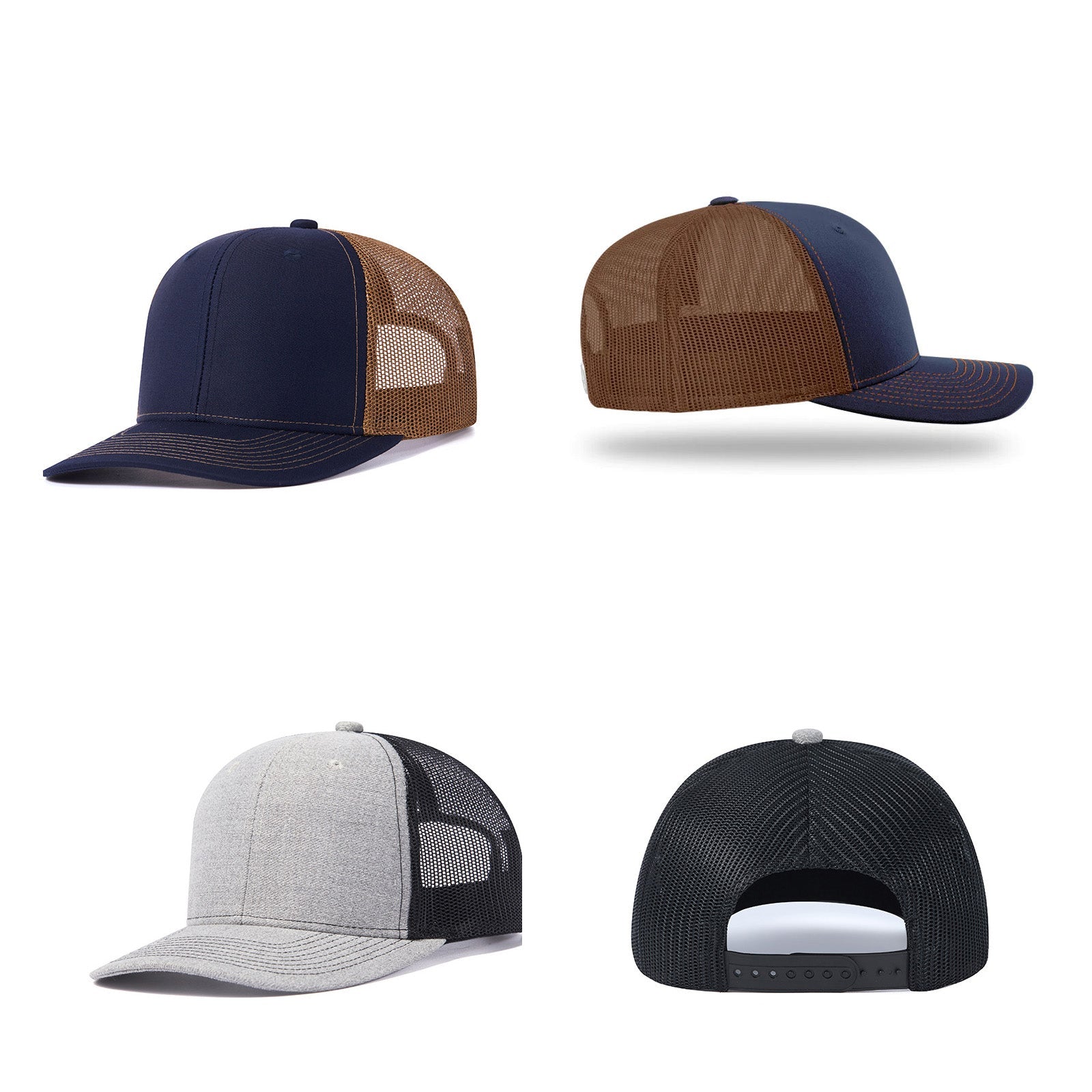 The image displays four "2 pcs Adjustable Mesh Trucker Hat with 4pcs Cap Stickers for Engraving" by CrealityFalcon. The first cap (top left) has a blue front and brown mesh back, perfect as a trucker hat. The second cap (top right) shows its left side with the same colors. The third cap (bottom left) is gray with a black mesh back. The fourth cap (bottom right) shows the back with a black mesh and adjustable strap—an impressive collection from CrealityFalcon.
