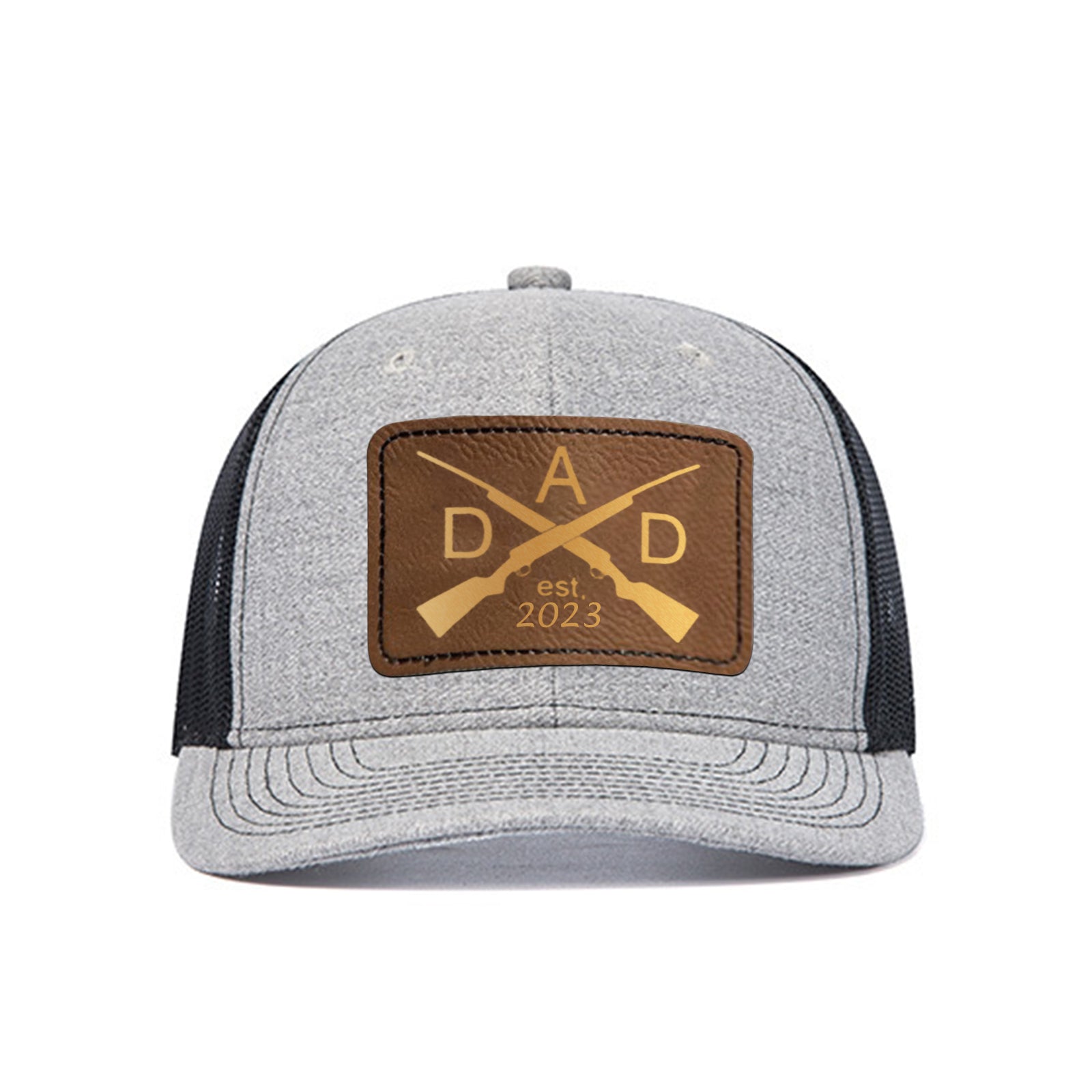 A gray CrealityFalcon 2 pcs Adjustable Mesh Trucker Hat with 4pcs Cap Stickers for Engraving with a black mesh back features a brown patch on the front. The patch shows two crossed rifles and the word "DAD" in large letters, with "est. 2023" written below. This makes for a perfect gift for men who love style and functionality.