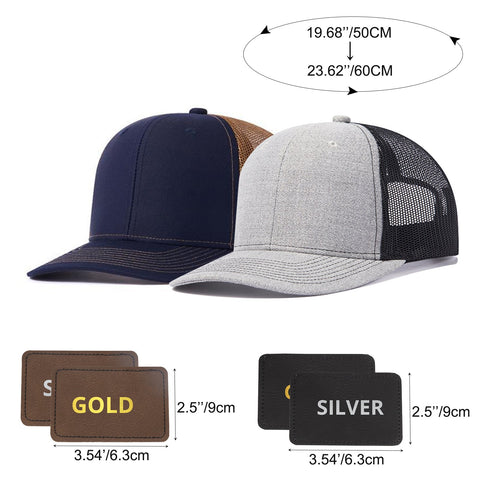The image showcases the CrealityFalcon 2 pcs Adjustable Mesh Trucker Hat with 4pcs Cap Stickers for Engraving, one in navy blue with a brown mesh back and the other in gray with a black mesh back, perfect as a gift for men. Above the hats are dimensions for head sizes: 19.68"/50CM and 23.62"/60CM. Below the hats are engraved leather cap stickers in gold and silver, each measuring 2.5".