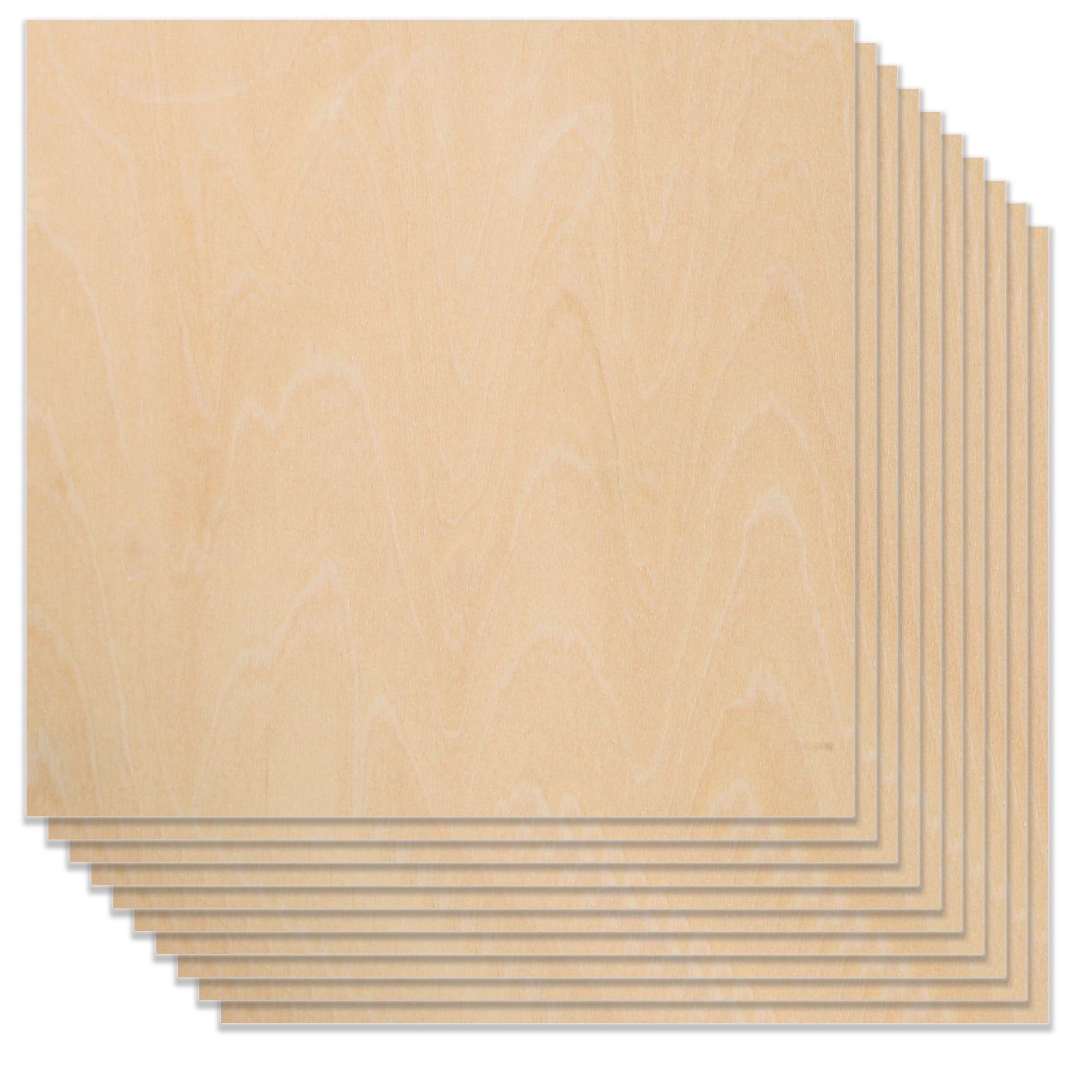 A stack of thin, rectangular basswood boards is neatly arranged, with the edges of each sheet aligned. The A4 Plywood Sheets 11.8*11.8*1/8” for Falcon Laser Engraving and Cutting - Pack of 10pcs from CrealityFalcon have a light, natural wood grain finish. The overall color is a pale beige, making them perfect for a DIY craft project or laser engraving to showcase the wood's texture and patterns.