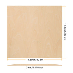 A square CrealityFalcon A4 Plywood Sheet with a light, natural wood grain pattern, perfect for a DIY craft project. The dimensions are 11.8 inches (30 cm) by 11.8 inches (30 cm) with a thickness of 1/8 inches (3 mm). Ideal for laser engraving, the sheet is shown from top and side views to illustrate thickness.