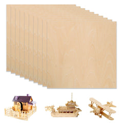 A stack of A4 Plywood Sheets 11.8*11.8*1/8” for Falcon Laser Engraving and Cutting - Pack of 10pcs from CrealityFalcon is displayed against a white background. In front of the stack, there are three small wooden models: a house with a fence, a ship resembling a dragon, and a biplane. Perfect for any DIY craft project, these models are made from similar materials ideal for laser engraving.