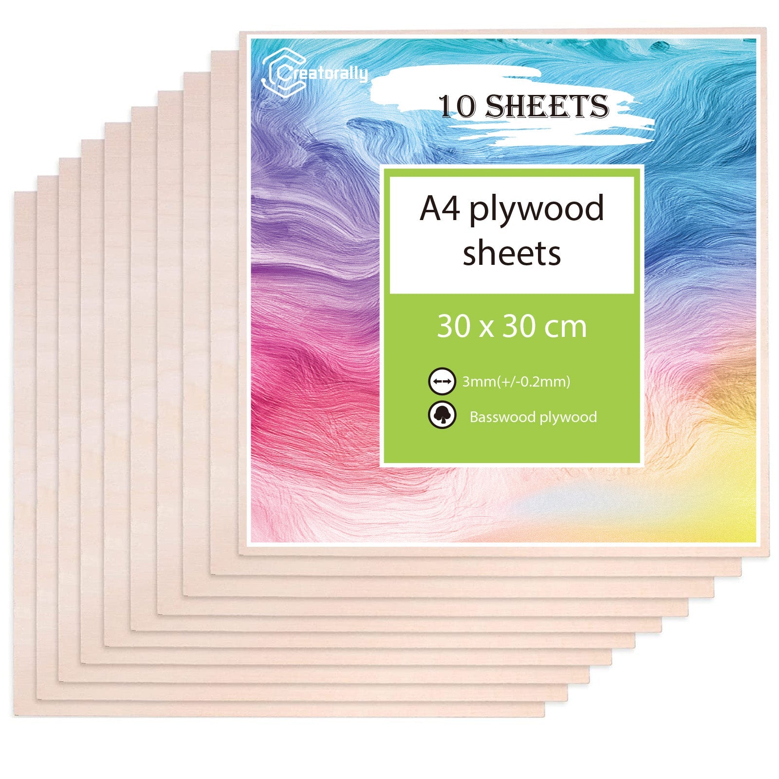 A stack of 10 A4 Plywood Sheets 11.8*11.8*1/8” for Falcon Laser Engraving and Cutting - Pack of 10pcs is displayed, perfect for your next DIY craft project. The packaging highlights the dimensions (30 x 30 cm) and specifies the thickness as 3mm (+/-0.2mm). Ideal for laser engraving, these boards are set against a colorful, swirling pattern background by CrealityFalcon.