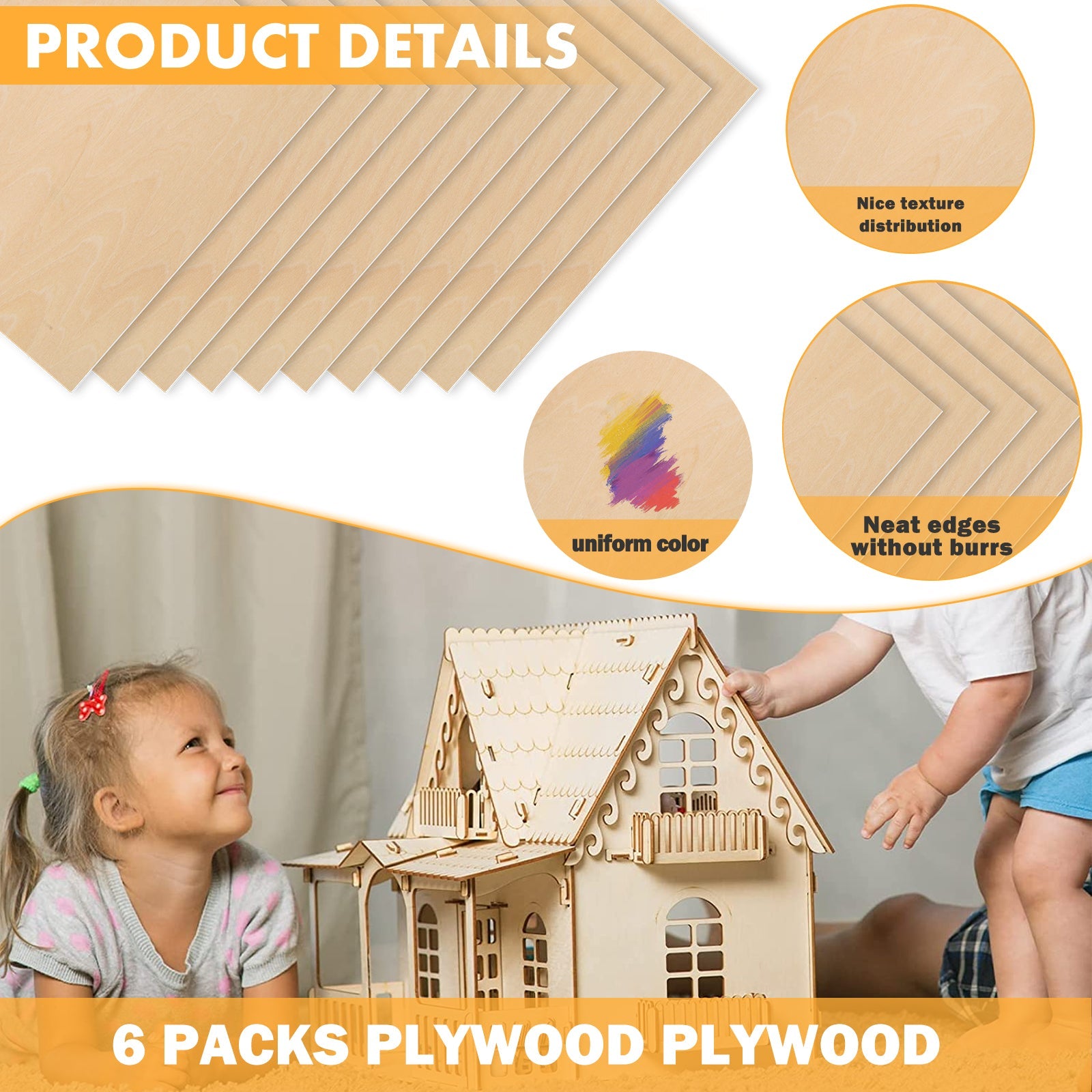 Product details of CrealityFalcon A4 Plywood Sheets 11.8*11.8*1/8” for Falcon Laser Engraving and Cutting - Pack of 10pcs, showcasing uniform color, neat edges, and nice texture distribution. Image includes two children playing with a wooden house model, highlighting the use of plywood for DIY craft projects. Ideal for laser engraving and pairing with Basswood boards.