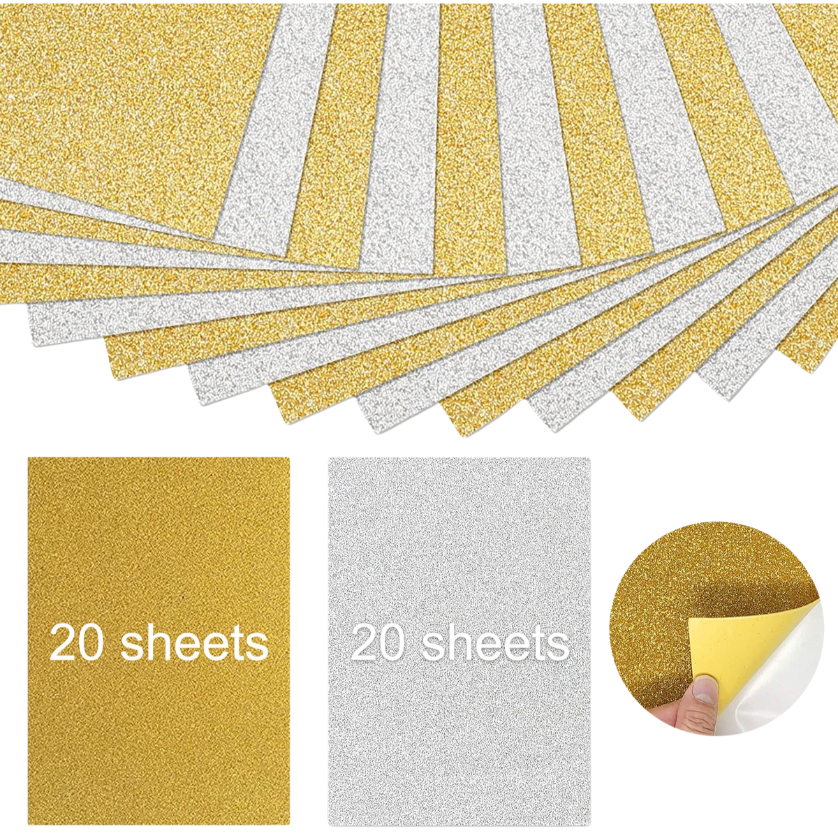Gold and Silver Self-Adhesive Glitter Cardstock Paper A4 for Laser Engraving - 40 Sheets