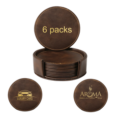 Personalized Brown Leather Coasters and Holder 4" for Laser Engraving - 6pcs