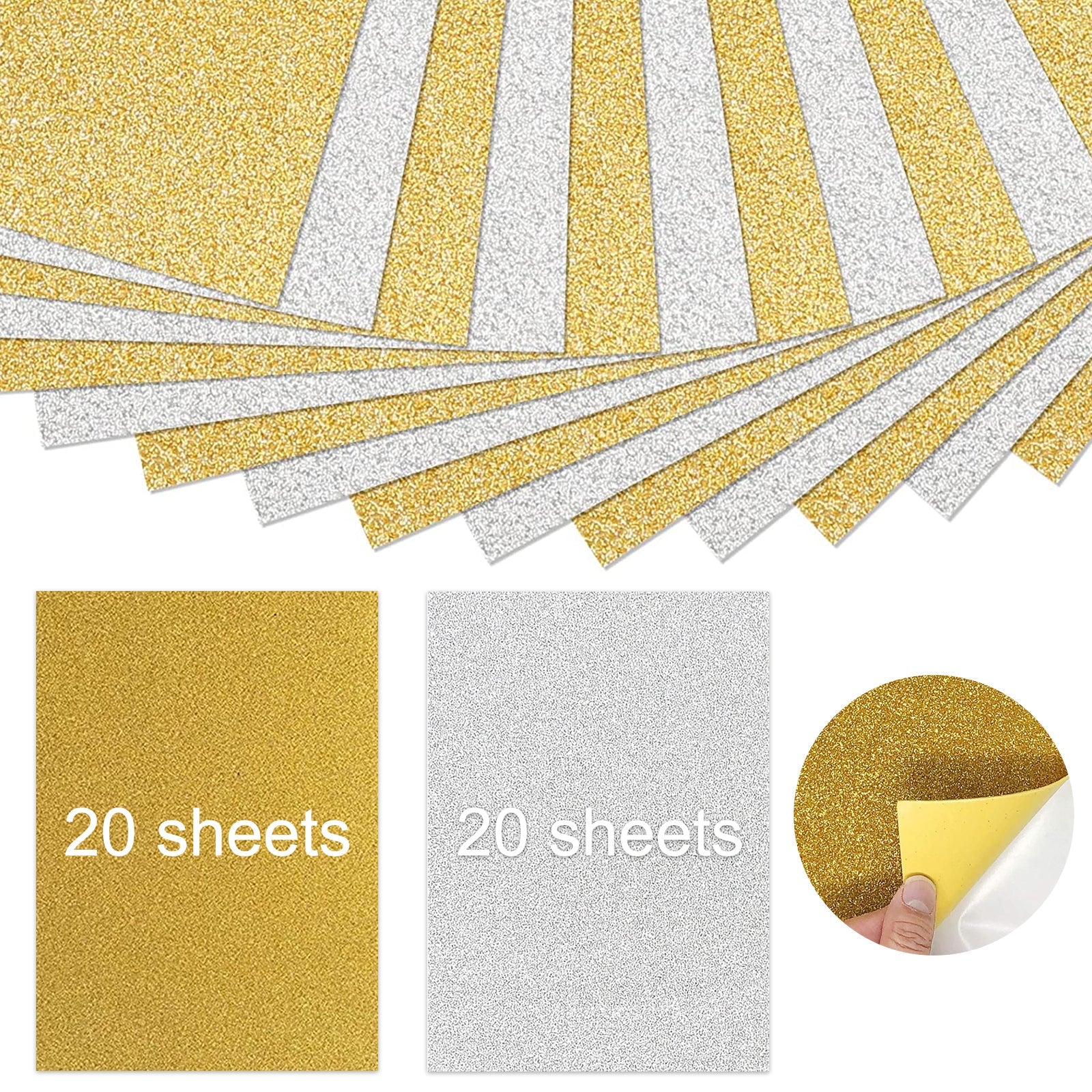 Image shows a display of 20 gold glitter and 20 silver glitter adhesive sheets. The sheets are fanned out, alternating between gold and silver. An inset close-up demonstrates a hand peeling back a corner of a high-quality material gold glitter self-adhesive sheet to reveal the backing. The product displayed is CrealityFalcon A4 Gold and Silver Self-Adhesive Glitter Cardstock Paper for Laser Engraving - 40 Sheets.