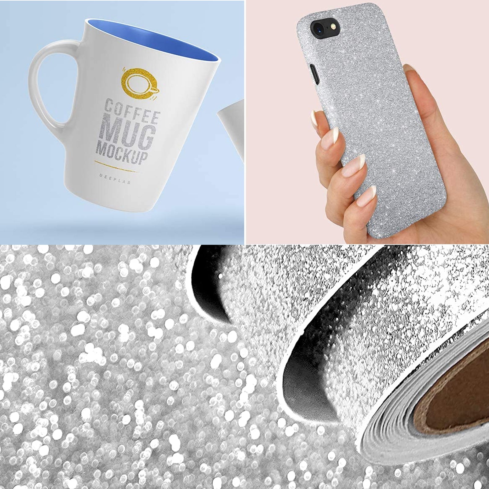 A collage of four images: a white coffee mug with "Coffee Mug Mockup" text, a hand holding a sheet of CrealityFalcon A4 Gold and Silver Self-Adhesive Glitter Cardstock Paper for Laser Engraving - 40 Sheets, a close-up of the same glittery paper, and a roll of high-quality material cardstock.