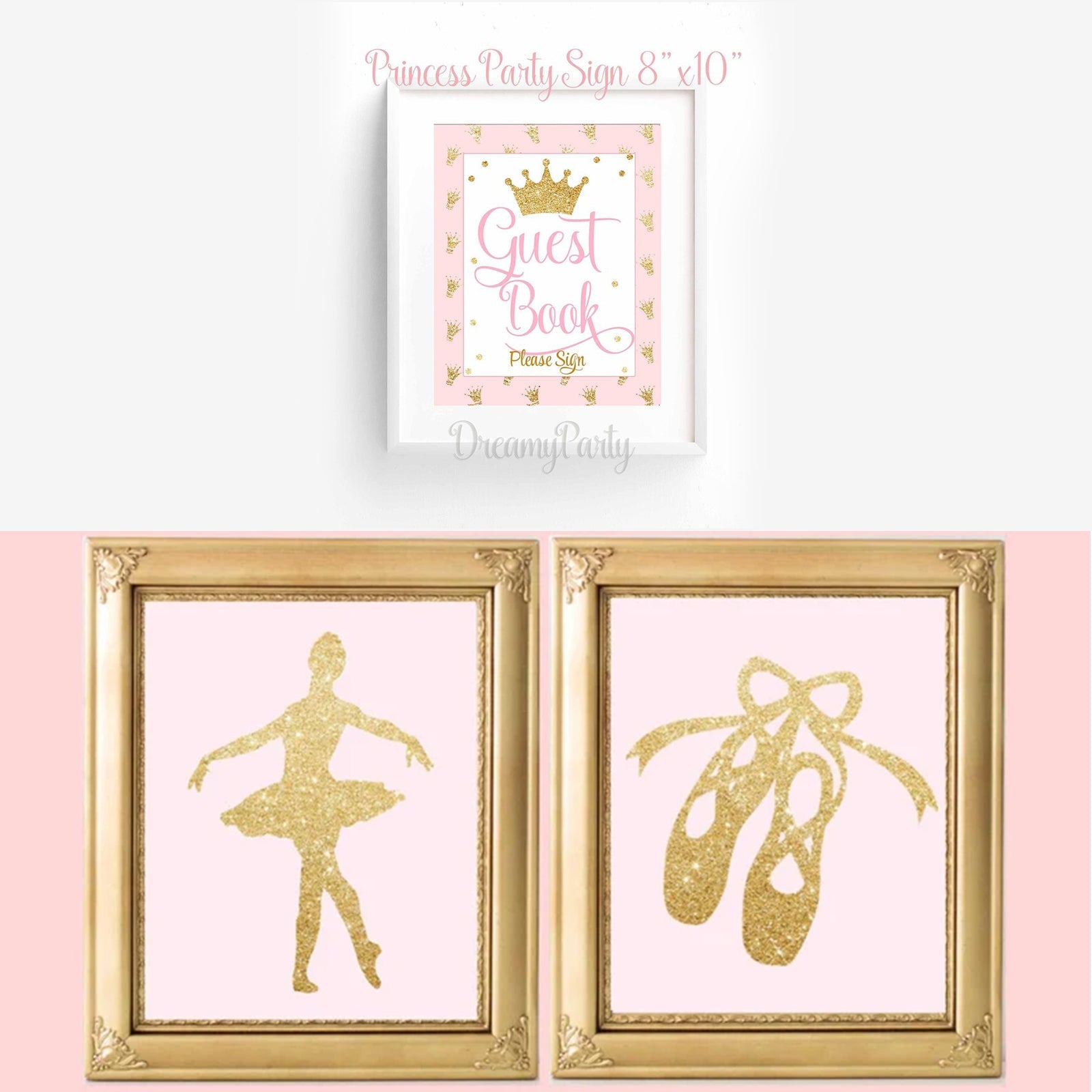 An image featuring three framed prints crafted with high-quality CrealityFalcon A4 Gold and Silver Self-Adhesive Glitter Cardstock Paper for Laser Engraving - 40 Sheets. The top print reads "Guest Book" in pink text with a gold crown above it. The bottom two prints display glittery gold silhouettes; the left shows a ballerina and the right shows ballet slippers, both on a pink background.