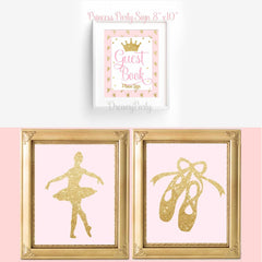 An image featuring three framed prints crafted with high-quality CrealityFalcon A4 Gold and Silver Self-Adhesive Glitter Cardstock Paper for Laser Engraving - 40 Sheets. The top print reads "Guest Book" in pink text with a gold crown above it. The bottom two prints display glittery gold silhouettes; the left shows a ballerina and the right shows ballet slippers, both on a pink background.