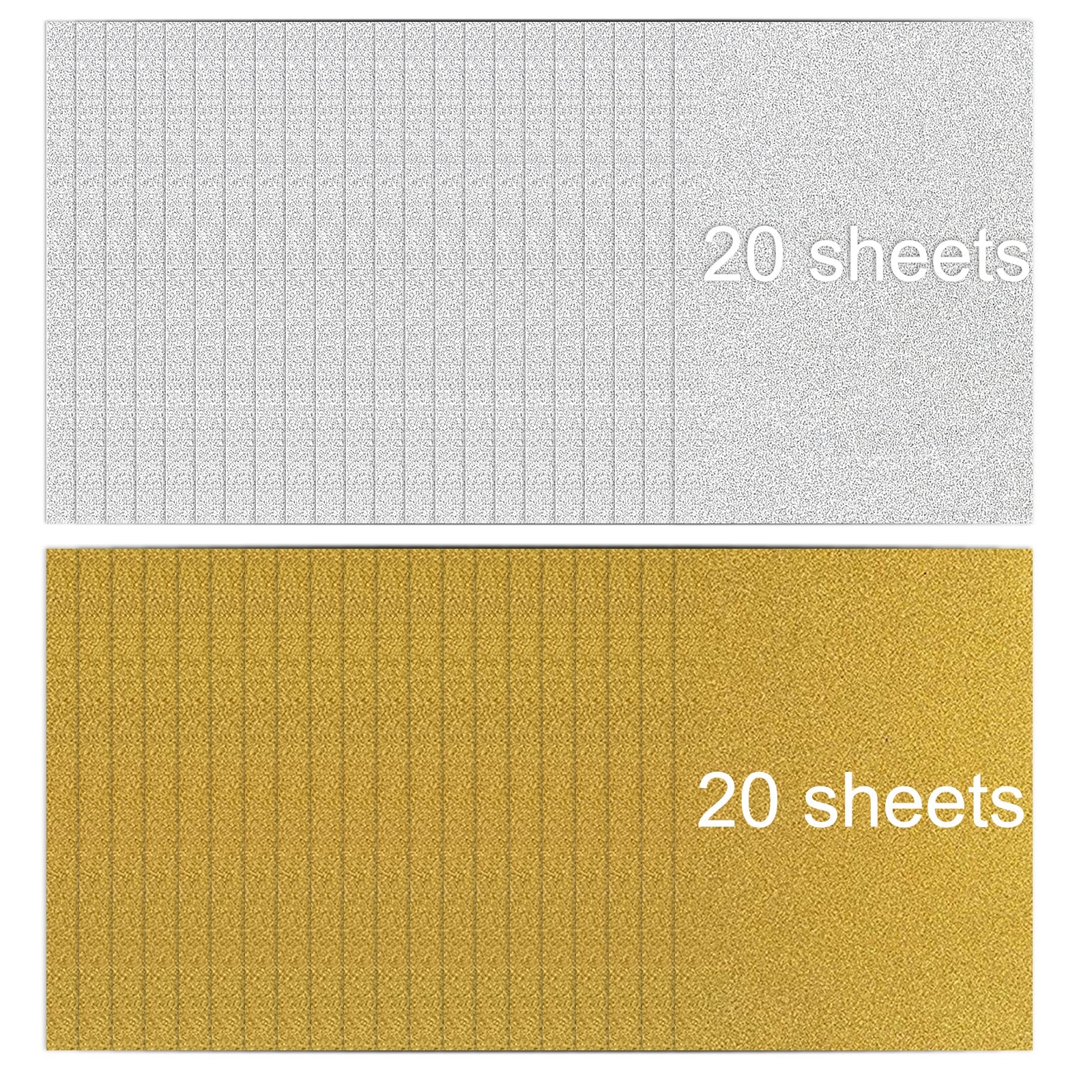 A set of two A4 Gold and Silver Self-Adhesive Glitter Cardstock Paper for Laser Engraving - 40 Sheets by CrealityFalcon, perfect for multipurpose crafts. The top pack contains 20 gray sheets, and the bottom pack contains 20 yellow ones. Both are made of high-quality material with visible grains and are labeled "20 sheets" in white text on the right side.