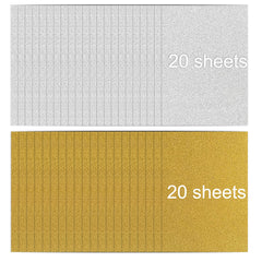 A set of two A4 Gold and Silver Self-Adhesive Glitter Cardstock Paper for Laser Engraving - 40 Sheets by CrealityFalcon, perfect for multipurpose crafts. The top pack contains 20 gray sheets, and the bottom pack contains 20 yellow ones. Both are made of high-quality material with visible grains and are labeled "20 sheets" in white text on the right side.