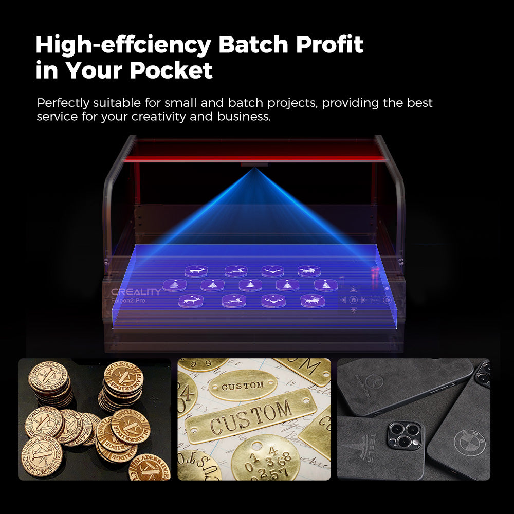 A banner displays a Falcon2 Pro 40W Enclosed Laser Engraver and Cutter Master Engraving Bundle by CrealityFalcon, showcasing engraved metal coins, a custom-made metal plate, and two engraved smartphone cases. The text reads, "High-efficiency Batch Profit in Your Pocket. Perfectly suitable for small and batch projects with versatile design, providing the best service for your creativity and business.