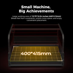 Image of a Falcon2 Pro 40W Enclosed Laser Engraver and Cutter Master Engraving Bundle with a grid displayed on its working area. The dimensions of the working area are marked as 400 x 415 mm. Text at the top reads: "Small Machine, Big Achievements" and "Large working area of 15.75*16.34 inches (400*415mm). Brand Name: CrealityFalcon.