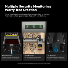 A graphic shows three types of security monitoring: Airflow Monitoring on the left, with a fan icon and a red airflow monitor image; Flame Monitoring in the center, depicting a flame sensor near an FDA Class 1 certified CrealityFalcon Falcon2 Pro 40W Enclosed Laser Engraver and Cutter Master Engraving Bundle; and Lens Monitoring on the right, with a camera icon and lens.