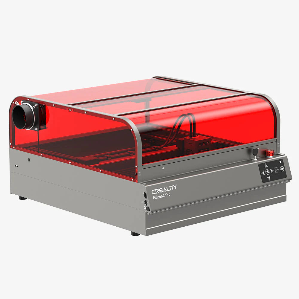 Image of a CrealityFalcon Falcon2 Pro 22W Enclosed Laser Engraver and Cutter Master Engraving Bundle, a desktop laser engraver with FDA Class 1 certification. The device boasts a red protective cover, sleek metal design, and control panel with buttons on the front. The 360° visual design ensures precise engraving on various materials.