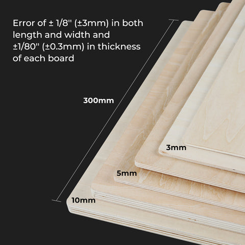 A set of four Basswood Plywood Sheets 11.8" x 11.8" for Laser Engraving (available in packs of 10pcs, 6pcs, and 3pcs) by CrealityFalcon of varying thicknesses (3mm, 5mm, 10mm) are stacked on top of each other, displaying their dimensions against a black background. Ideal for DIY projects or use with a laser engraver, text indicates possible measurement errors of ±1/8" (±3mm) in length and width and ±1/80".