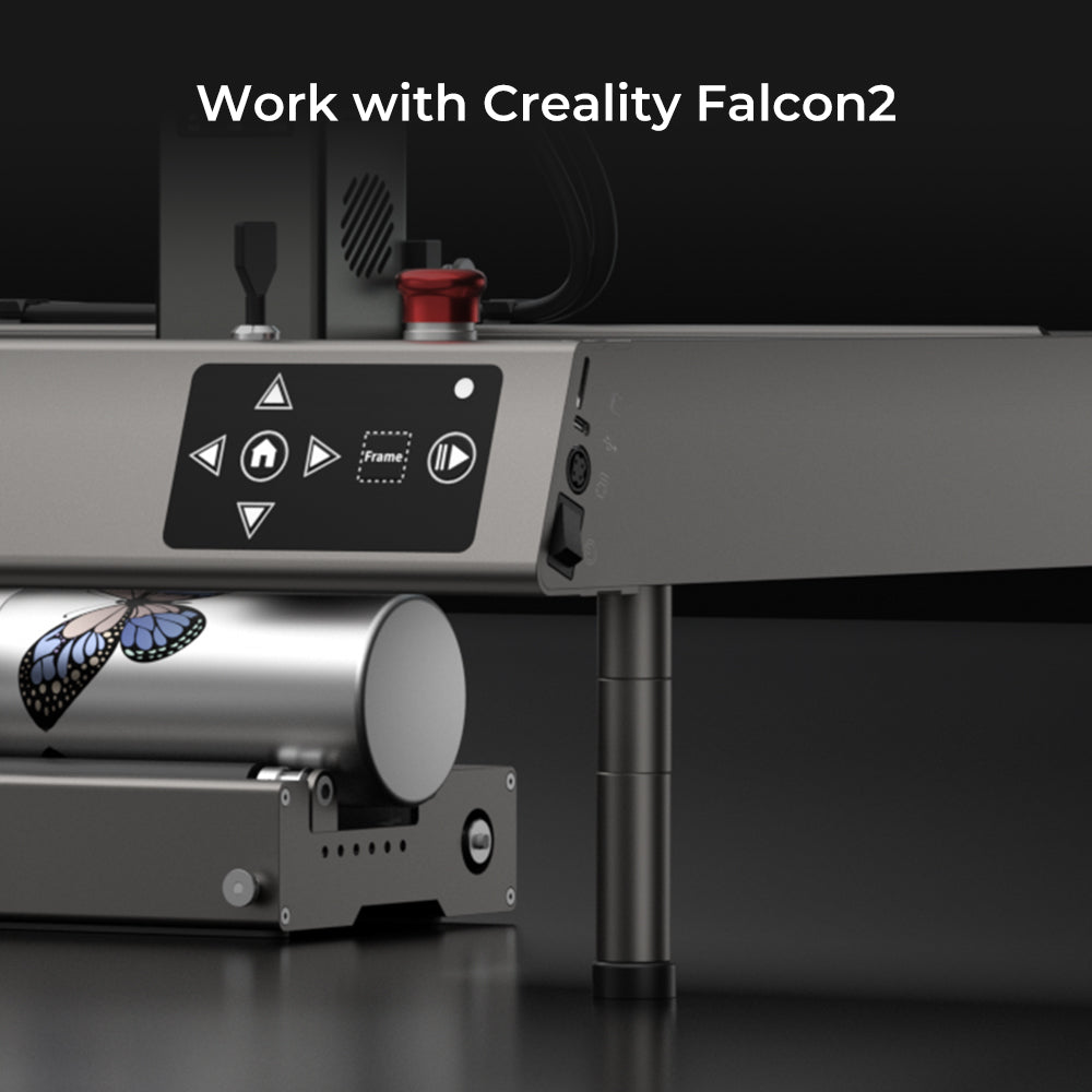 Image showing a close-up of the versatile Extra Risers -4 Packs for Falcon2 Engraver Series by CrealityFalcon. The machine features a control panel with directional and function buttons and is currently engraving a detailed image of a butterfly on a cylindrical object. The background is dark, with the text “Work with CrealityFalcon Extra Risers -4 Packs for Falcon2 Engraver Series” at the top.