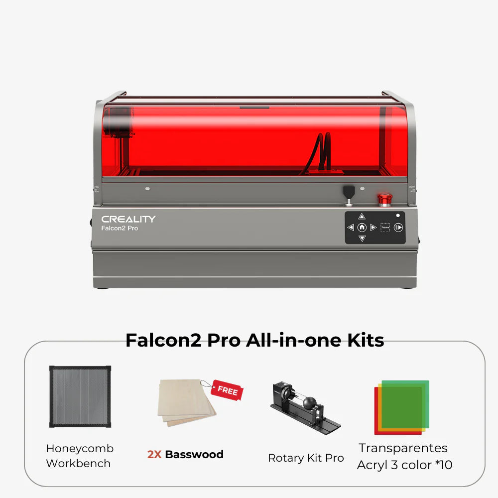 Image of the CrealityFalcon Falcon2 Pro 22W Enclosed Laser Engraver and Cutter Master Engraving Bundle. The kit includes an FDA Class 1 laser engraver with a red-tinted protective cover, labeled "Falcon2 Pro." Below it are images of a honeycomb workbench, two pieces of basswood, a rotary kit pro, and ten pieces of transparent acrylic in three colors.