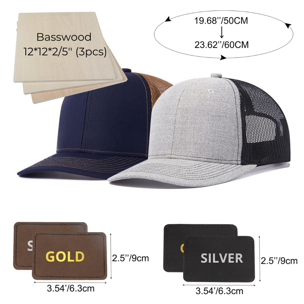 The image shows a display of various items suitable as a gift for men, including three wooden basswood sheets (12" x 12" x 2/5"), one navy blue and one grey CrealityFalcon 2 pcs Adjustable Mesh Trucker Hat with 4pcs Cap Stickers for Engraving, and two sets of rectangular badges labeled "GOLD" and "SILVER" that measure 3.54 inches by 2.5 inches.