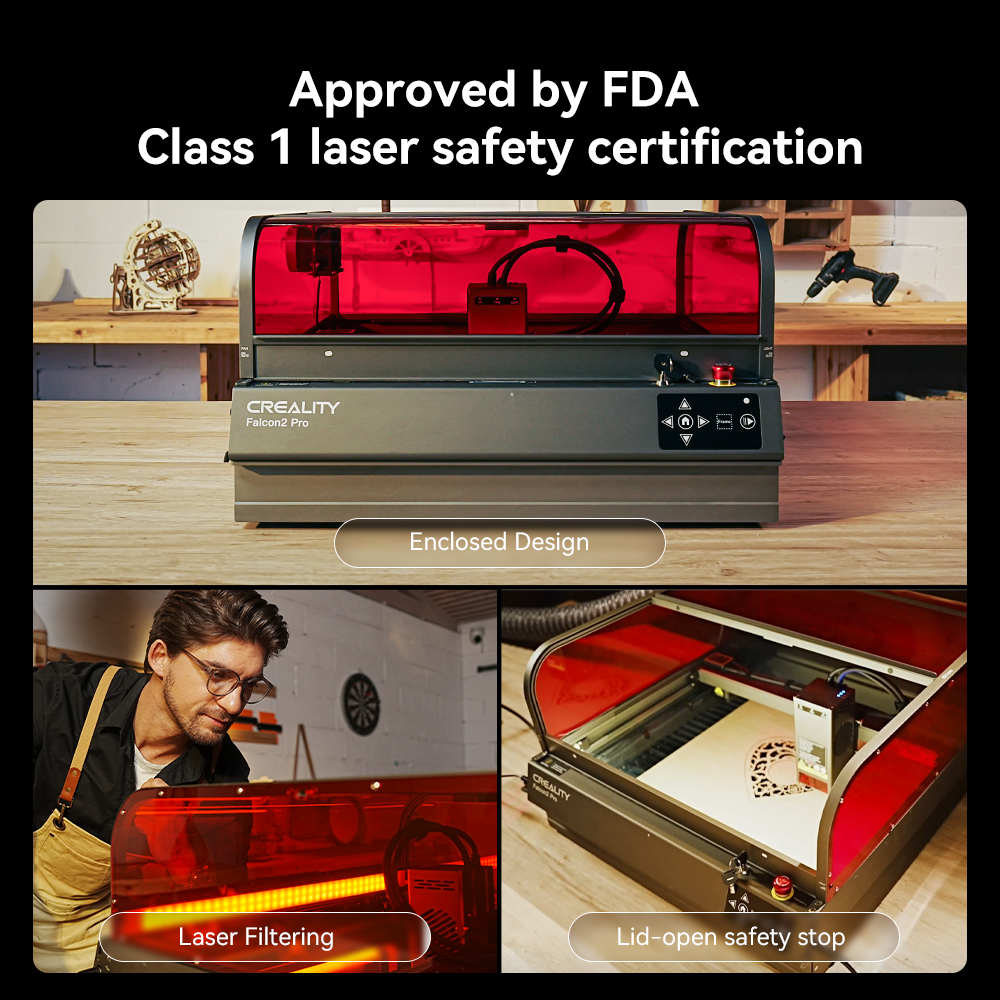 An image showcasing the CrealityFalcon Falcon2 Pro 60W Enclosed Laser Engraver and Cutter with FDA Class 1 laser safety certification. The top section highlights the intelligent enclosed design, while the bottom sections emphasize laser filtering and a lid-open safety stop.