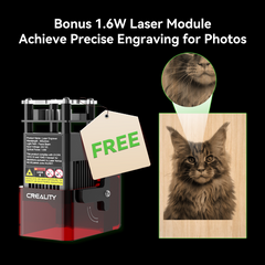 A CrealityFalcon Falcon2 Pro 60W Enclosed Laser Engraver and Cutter is shown with a small wooden plaque featuring an engraved image of a cat. Text above reads, "Bonus 1.6W Laser Module Achieve Precise Engraving for Photos." A tag labeled "FREE" is attached to the laser module.