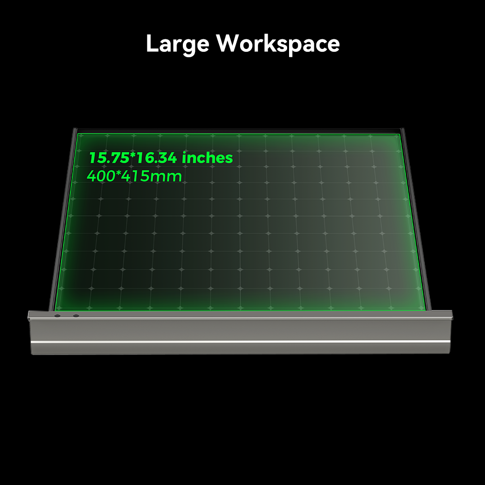 A large Falcon2 Pro 60W Enclosed Laser Engraver and Cutter from CrealityFalcon is shown with dimensions labeled as 15.75 by 16.34 inches or 400 by 415 millimeters. The workspace features a gridded green surface with rulers along the edges, all within an enclosed design. The background is black, highlighting the intelligent workspace area.