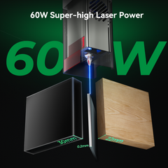 An image showcasing the CrealityFalcon Falcon2 Pro 60W Enclosed Laser Engraver and Cutter with a 60W power rating. The laser is cutting through a black 30mm material and a wood-colored 20mm material with 0.2mm precision, highlighting its super-high laser power capability. The background features large green text "60W.