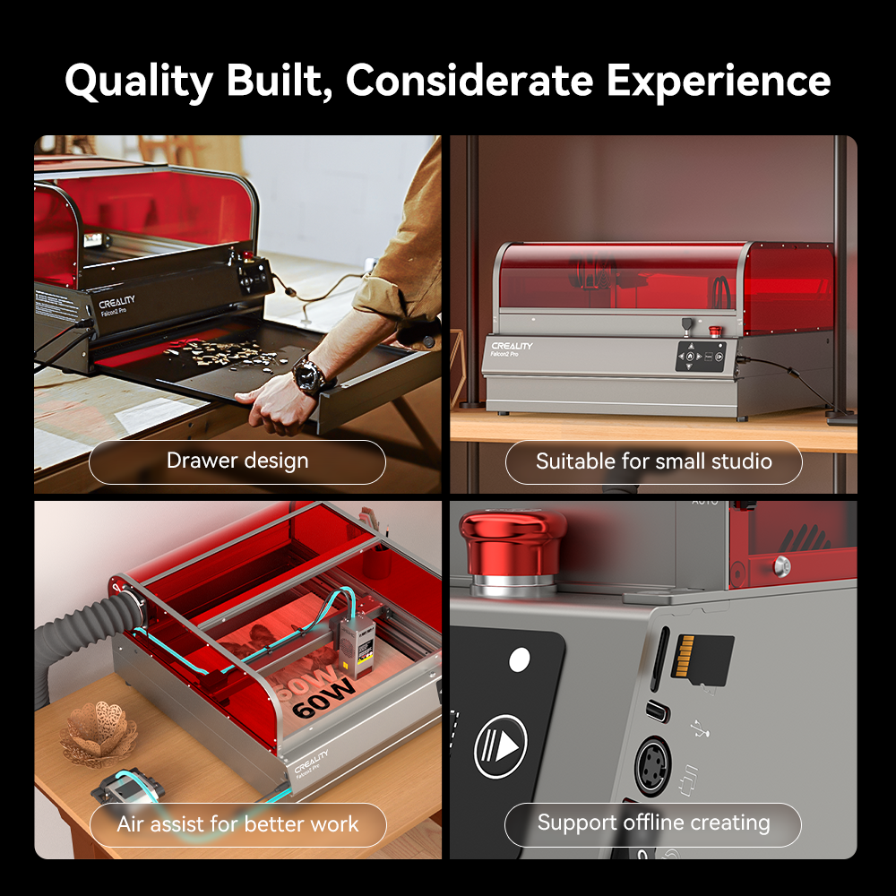 Quadrant image showcasing features of the CrealityFalcon Falcon2 Pro 60W Enclosed Laser Engraver and Cutter. Top left shows the drawer design, top right highlights its suitability for small studios with an enclosed design, bottom left demonstrates an air assist for better work with an adjustable beam, and bottom right shows support for offline creating with various ports.