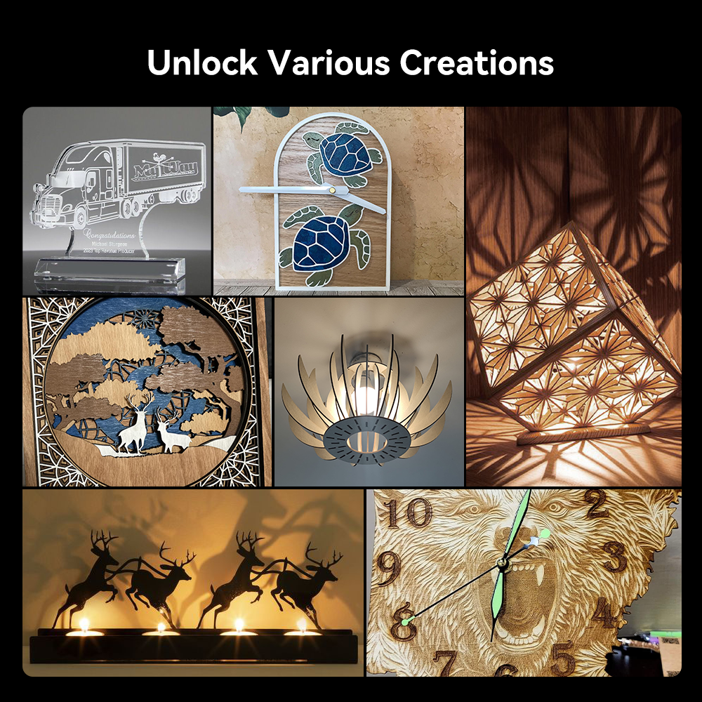 A collage of various artistic creations: a 3D truck light with an adjustable beam, a turtle-themed shelf, geometric candle holders casting intricate shadows, a world map wall art piece, a sunburst light fixture, an intelligent wooden bear clock, and a deer candle holder. The text at the top reads "Unlock Various Creations with the Falcon2 Pro 60W Enclosed Laser Engraver and Cutter by CrealityFalcon.