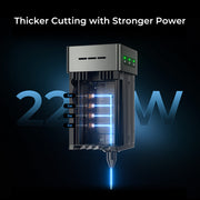 Image of the Falcon2 22W Laser Engraver and Cutter Ultimate Engraving Package by CrealityFalcon, highlighting its 22W power for thicker cutting. The device emits a blue laser beam, with labels indicating "6W" for each of its four segments, and text at the top stating "Thicker Cutting with Stronger Power." Extensive compatibility makes it versatile.