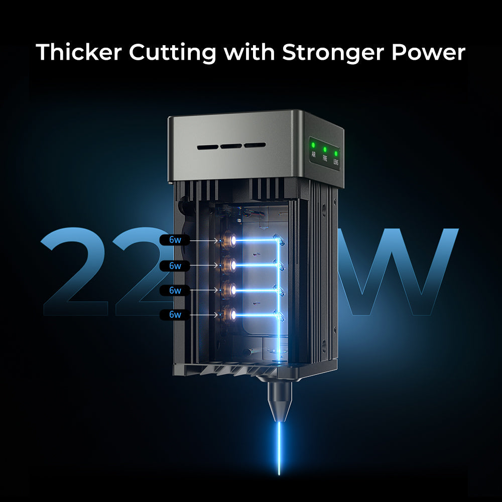 Image of the Falcon2 22W Laser Engraver and Cutter Ultimate Engraving Package by CrealityFalcon, highlighting its 22W power for thicker cutting. The device emits a blue laser beam, with labels indicating "6W" for each of its four segments, and text at the top stating "Thicker Cutting with Stronger Power." Extensive compatibility makes it versatile.
