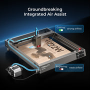 Image of the CrealityFalcon Falcon2 22W Laser Engraver and Cutter Ultimate Engraving Package. The machine highlights its "Groundbreaking Integrated Air Assist" feature, with labels indicating strong airflow for cutting and weaker airflow for engraving. The device is shown in action, laser engraving an intricate design on a surface, showcasing extensive compatibility.