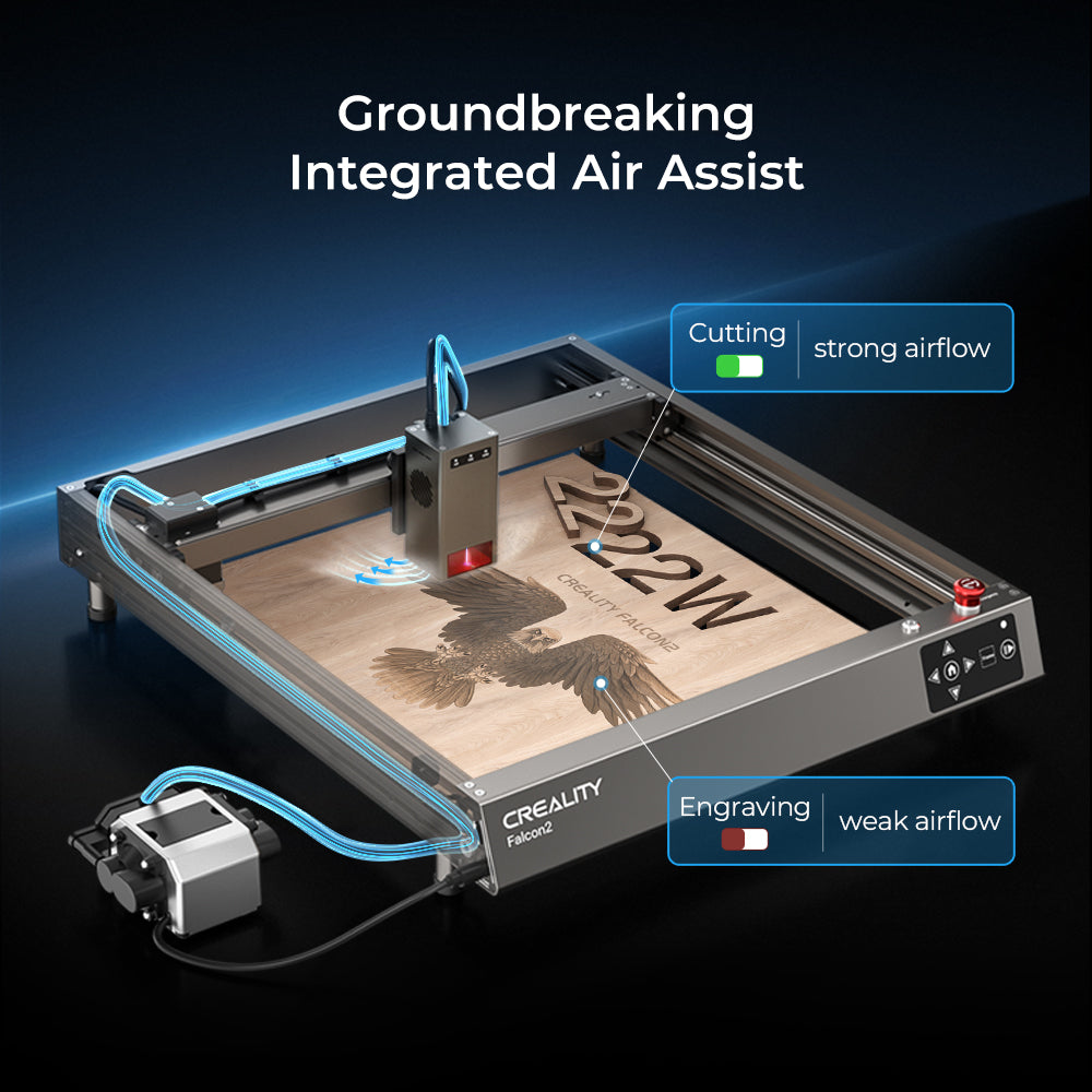 Image of the CrealityFalcon Falcon2 22W Laser Engraver and Cutter Ultimate Engraving Package. The machine highlights its "Groundbreaking Integrated Air Assist" feature, with labels indicating strong airflow for cutting and weaker airflow for engraving. The device is shown in action, laser engraving an intricate design on a surface, showcasing extensive compatibility.