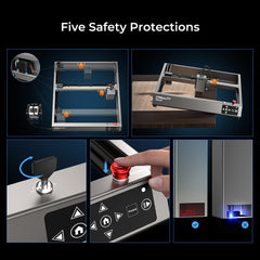 An infographic titled "Five Safety Protections" showcasing the safety features of the CrealityFalcon Falcon2 22W Laser Engraver and Cutter Ultimate Engraving Package, including a secured frame, an emergency stop button, a key switch, an easy-access control panel, and a protective cover on the side. Additionally, it highlights extensive compatibility for seamless integration with various devices.